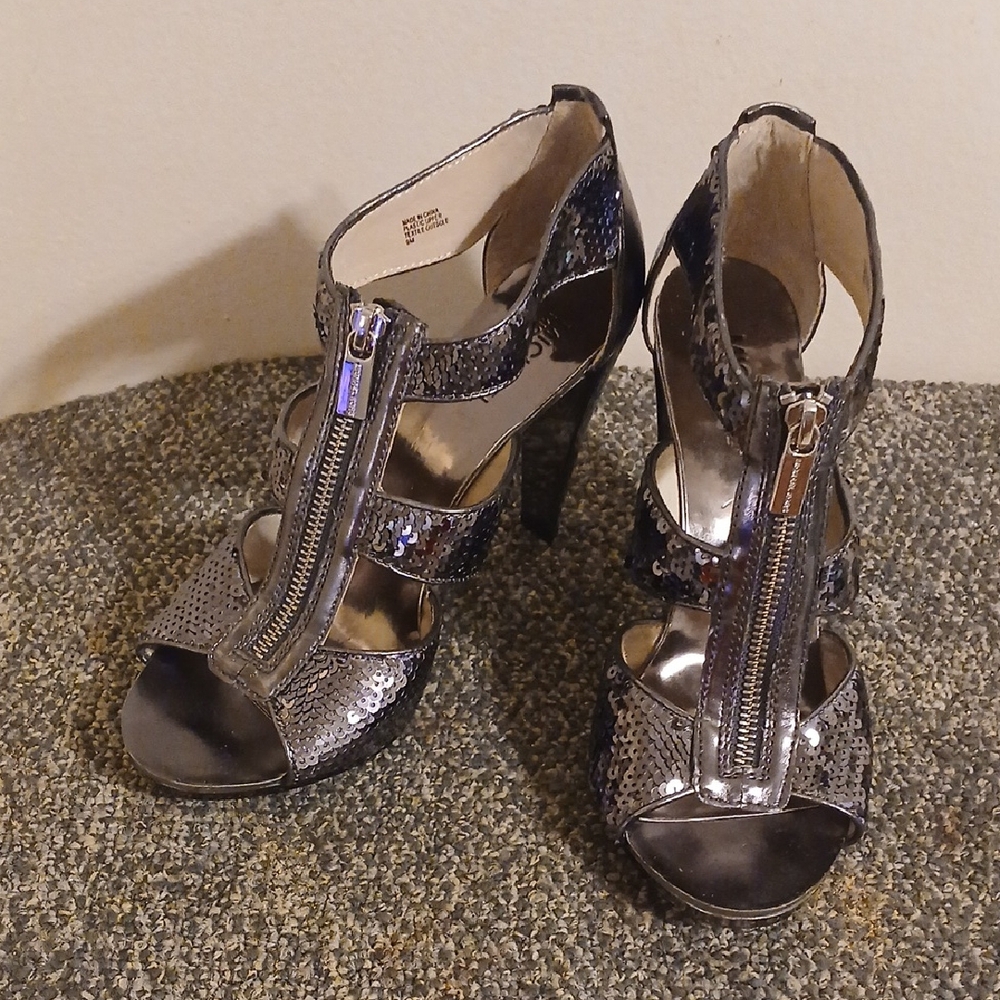 Michael Kors Sequin Silver Berkley T Strap Heels Size 9